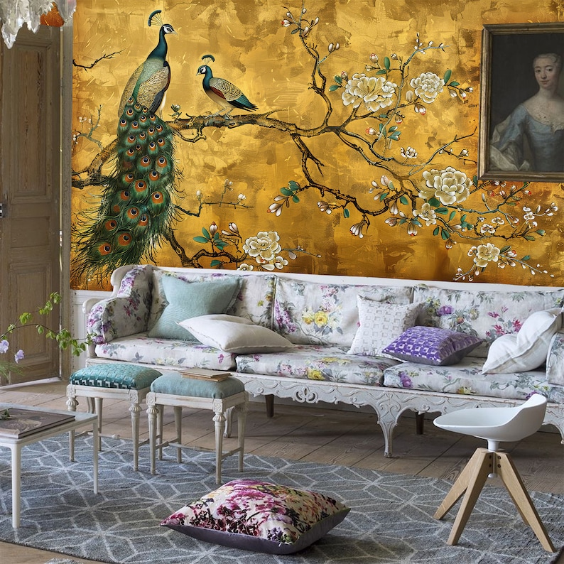 K&ouml;nnte beinhalten: Ein wei&szlig;es Sofa mit floralem Bezug und Kissen steht vor einer goldenen Wandmalerei mit einem Pfau und einem bl&uuml;henden Zweig. Das Sofa ist mit Kissen in verschiedenen Farben und Mustern dekoriert, darunter Lila, T&uuml;rkis und Wei&szlig;.