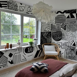 Modern Abstract Wallpaper | Black and White Geometric Pattern for Living Room & Bedroom | Custom Sizes