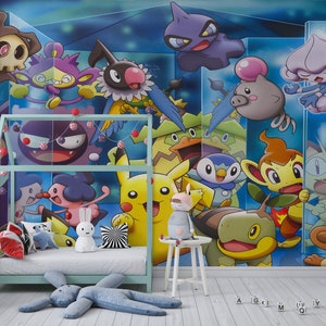 Pokemon Tapete, Kinder Tapete zum Schälen und Aufkleben, Kinderzimmer Wandtattoo, Abnehmbare Tapete Kinder, Kinderzimmer Tapete, Stick Wandbild