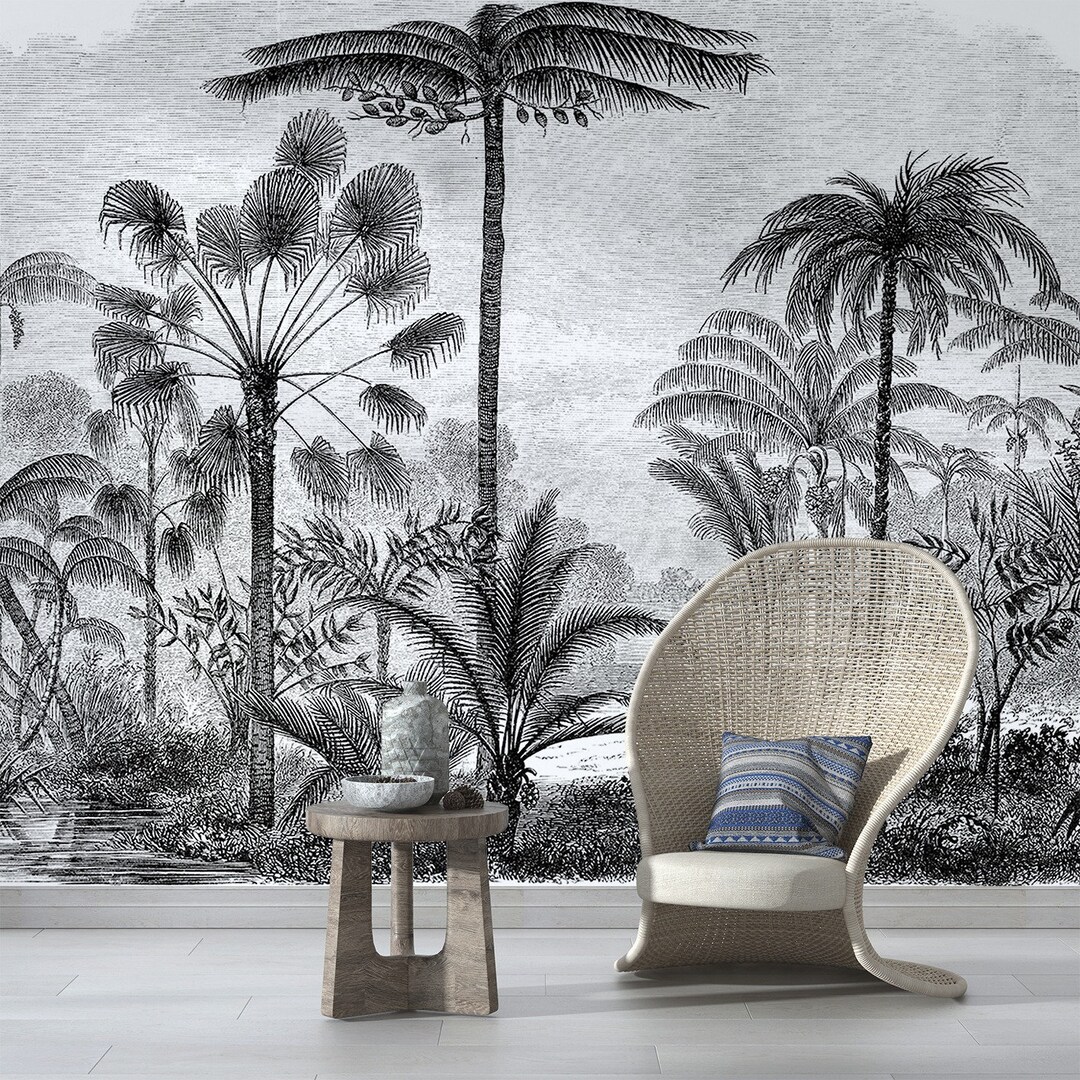 Tropical Nostalgic Black and White Palm Trees Wallpaper / Peel and