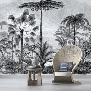 tropical nostalgic black and white palm trees wallpaper / peel and stick wallpaper vinyl wallpaper wallpaper room