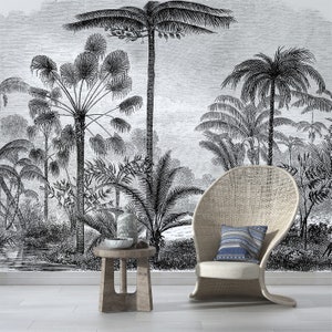 tropical nostalgic black and white palm trees wallpaper / peel and stick wallpaper vinyl wallpaper wallpaper room image 1