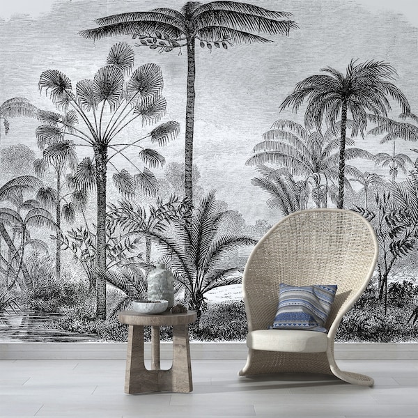 tropical nostalgic black and white palm trees wallpaper / peel and stick wallpaper vinyl wallpaper wallpaper room