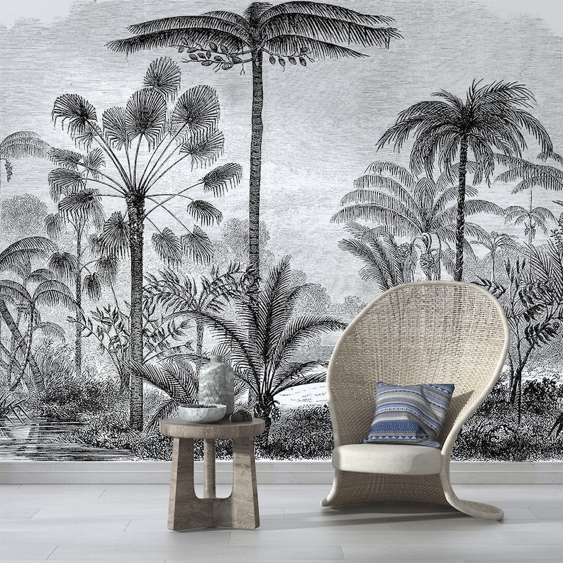 tropical nostalgic black and white palm trees wallpaper / peel and stick wallpaper vinyl wallpaper wallpaper room image 1