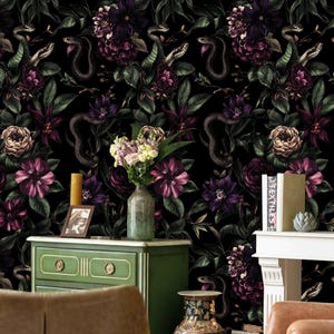 Dunkles Blumen- und Schlangen-Tapeten | Gothic Abnehmbares Wandbild | Blumen Tapete | Abnehmbare Tapete