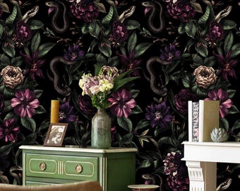 Dark Floral Snake Wallpaper | Gothic Peel and Stick Mural - Moody Botanical Wall Decor
