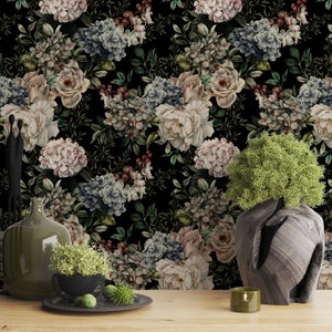 Carta da parati floreale scura di lusso, carta da parati gotica scura, floreale da giardino nero, fiore staccabile e incollabile, autoadesivo e rimovibile, murale vintage