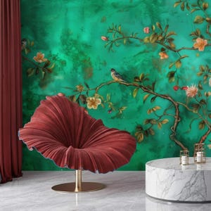 Turquoise Chinoiserie Wallpaper – Vintage Floral Bird Wall Mural, Elegant Peel and Stick Botanical Decor