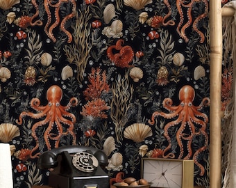 Black Octopus Wallpaper, Colorful Underwater Sea Life and Coral Reef Design