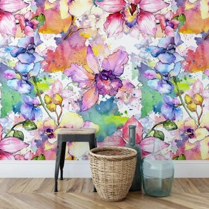 orchid watercolor colorful flowers wallpaper/ peel and stick wallpaper vinyl wallpaper wallpaper room