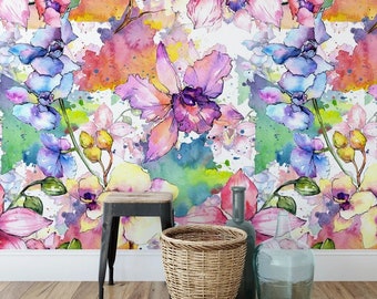 orchid watercolor colorful flowers wallpaper/ peel and stick wallpaper vinyl wallpaper wallpaper room
