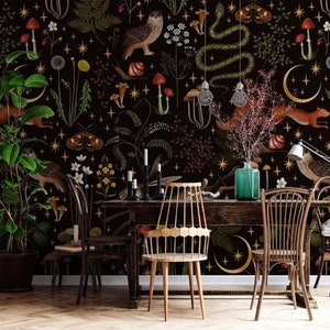 May include: A black and gold wallpaper with a repeating pattern of forest animals, plants, and stars. The wallpaper features owls, squirrels, mushrooms, and other woodland creatures.