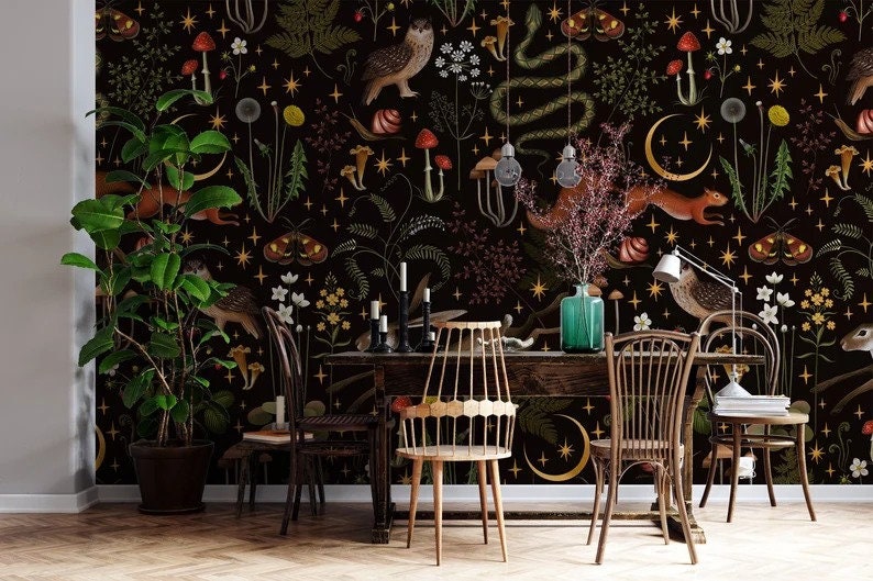 May include: A black and gold wallpaper with a repeating pattern of forest animals, plants, and stars. The wallpaper features owls, squirrels, mushrooms, and other woodland creatures.