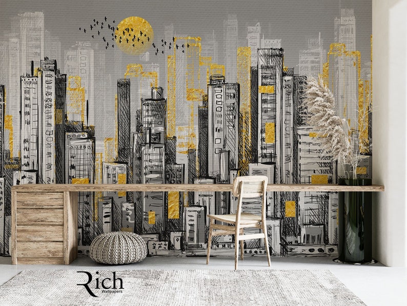 Pencil Drawing Buildings City Wallpaper / Peel and Stick - Etsy