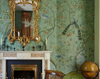 Papel pintado estilo chinoiserie con pájaros y flores - Estilo vintage - Despegar y pegar