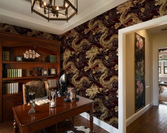 Gold Dragon Peel and Stick Wallpaper: Burgundy Chinese Mural