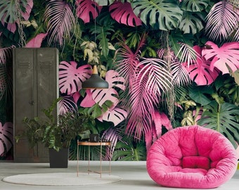 Tropical wall mural with monstera leaves/ peel and stick wallpaper vinyl wallpaper wallpaper room