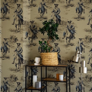 Vintage Cowboy Horseback Riding Peel and Stick Wallpaper | Rustic Western Theme Wall Mural | Canvas Wallpaper | Removable Wallpaper