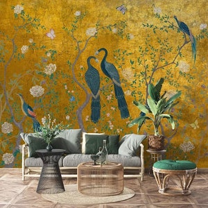 Carta da parati Chinoiserie, murale pavone, carta da parati vintage, carta da parati Chinoiserie staccabile e adesiva, carta da parati con uccelli e fiori, murale