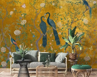 Chinoiserie behang, Peacock muur muurschildering, Wallpaper Vintage, Chinoiserie behang Peel en Stick, behang met vogels en bloemen, muurschildering