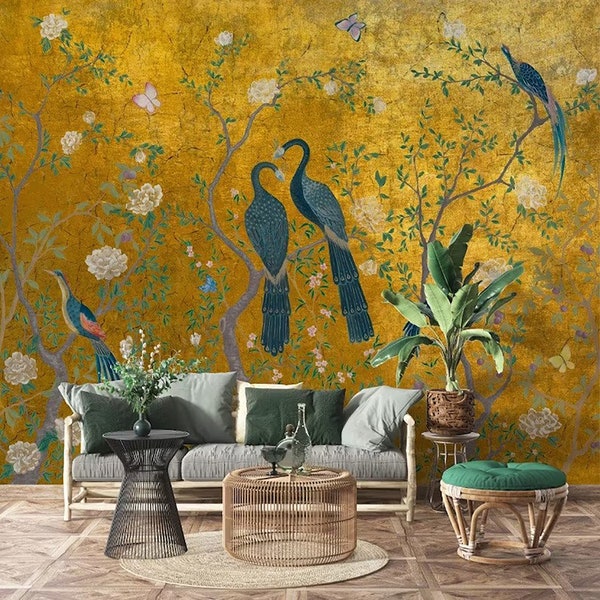 Chinoiserie-Tapete, Pfau Wandbild, Tapete Vintage, Chinoiserie-Tapete schälen und aufkleben, Tapete mit Vögeln und Blumen, Wandbild