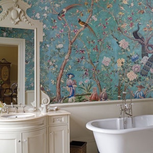 Vintage Chinese Flowers and Birds Wallpaper - Antique Qianlong dynasty - Peel and Stick Wallpaper - Removable Wallpaper