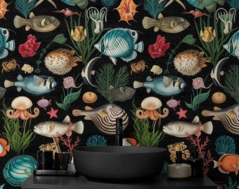 Black Tropical Fish Wallpaper, Colorful Underwater Sea Life Wall Mural