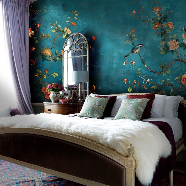 Teal Chinoiserie Peel and Stick Wallpaper: Floral Bird Wall Mural