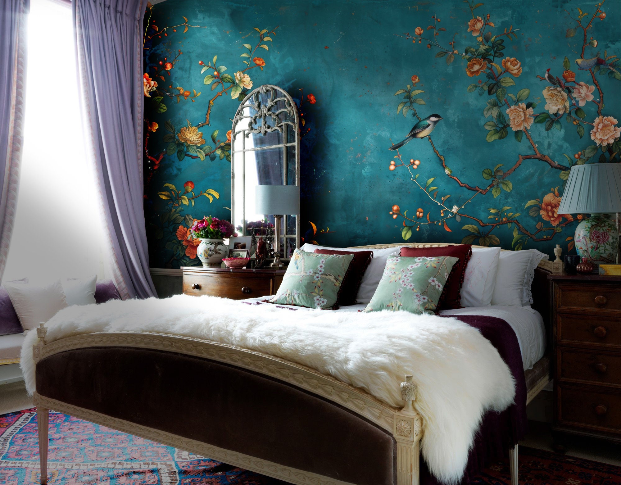 Teal Chinoiserie Peel and Stick Wallpaper: Floral Bird Wall Mural