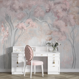 Alberi rosa su sfondo grigio Carta da parati, Carta da parati per bambini staccabile e incollabile, Carta da parati murale, Carta da parati per la cameretta dei bambini Carta da parati staccabile e incollabile,