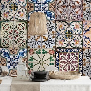 Beige blue Moroccan tile wallpaper / peel and stick wallpaper vinyl wallpaper wallpaper room