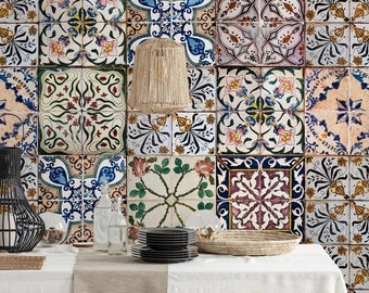 Beige Blue Moroccan Tile Wallpaper: Peel and Stick Vinyl
