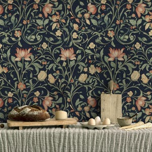 Vintage Floral Wallpaper - Dark Botanical Wall Mural - William Morris Inspired Peel and Stick Wallpaper - Removable Wallpaper for Home Decor