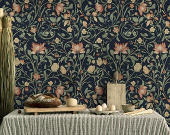 William Morris Inspired Floral Wallpaper: Dark Botanical Peel and Stick