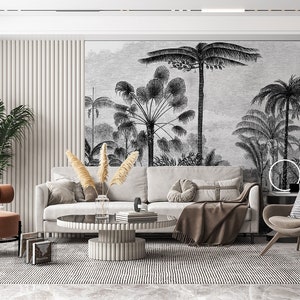tropical nostalgic black and white palm trees wallpaper / peel and stick wallpaper vinyl wallpaper wallpaper room image 3