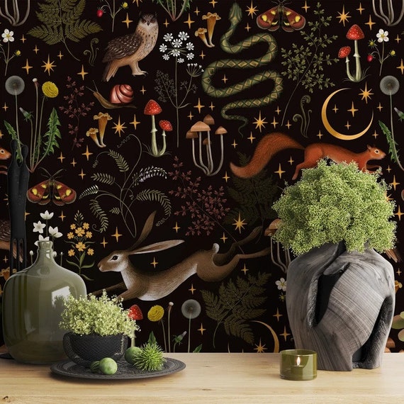 Dark Botanical Mushroom Wallpaper • Woodland Peel and Stick Mural