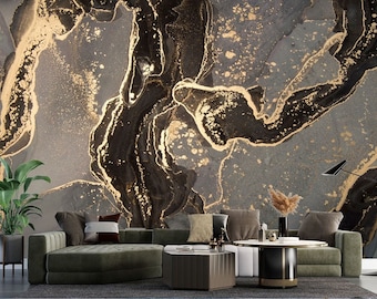 Black and Gold Marble Wallpaper: Peel and Stick Vinyl, 3D Digital Print
