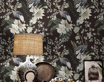 Moody Bird Wallpaper Vintage Botanical Peel and Stick Mural