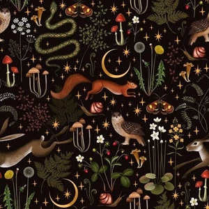 May include: A dark background with a repeating pattern of woodland creatures, plants, and mushrooms. The pattern includes owls, squirrels, rabbits, snakes, moths, mushrooms, and various plants. The background is black with gold stars.