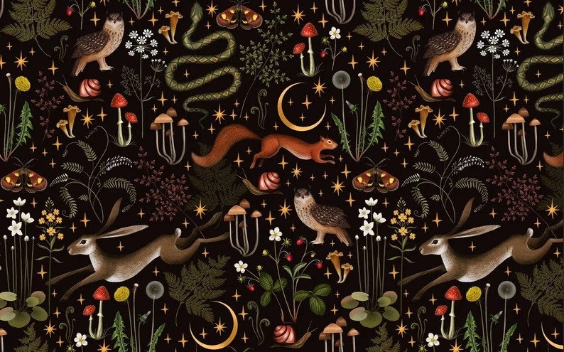 May include: A dark background with a repeating pattern of woodland creatures, plants, and mushrooms. The pattern includes owls, squirrels, rabbits, snakes, moths, mushrooms, and various plants. The background is black with gold stars.