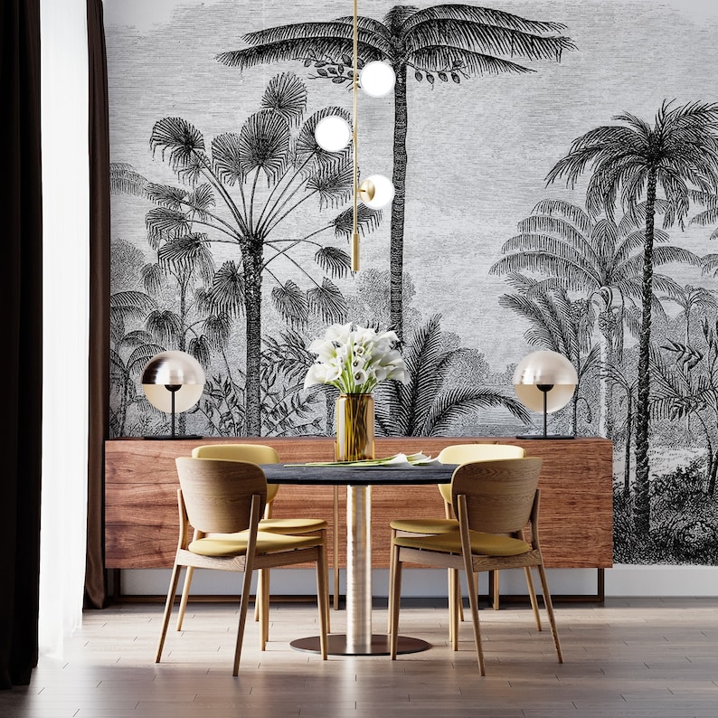 tropical nostalgic black and white palm trees wallpaper / peel and stick wallpaper vinyl wallpaper wallpaper room image 4