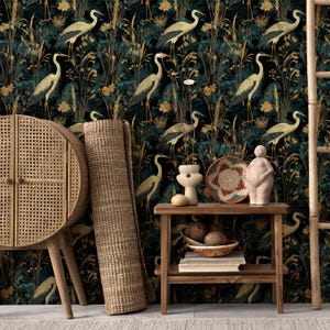 Heron and Botanical Wallpaper - Nature-Inspired Peel and Stick Wall Decor | Peel and Stick Wallpaper | Removable Wallpaper