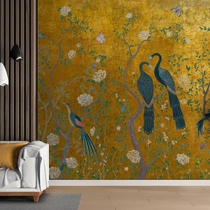 Chinoiserie Wallpaper, Peacock Wall Mural, Wallpaper Vintage, Chinoiserie Wallpaper Peel and Stick, Wallpaper With Birds and Flowers, Mural image 3