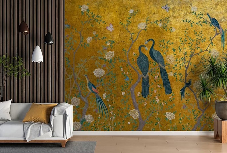 Chinoiserie Wallpaper, Peacock Wall Mural, Wallpaper Vintage, Chinoiserie Wallpaper Peel and Stick, Wallpaper With Birds and Flowers, Mural image 3