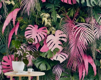 May include: A wall mural featuring a tropical jungle scene with large pink leaves and smaller green leaves. The leaves are arranged in a random pattern, creating a lush and vibrant effect.