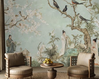 Chinoiserie Peel and Stick Wallpaper | Asian Floral Mural, Birds & Figures