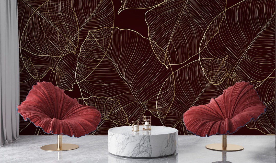 Burgundy Gold Lines Leaf Wallpaper& Stick Wallpaper Vinyl Wallpaper