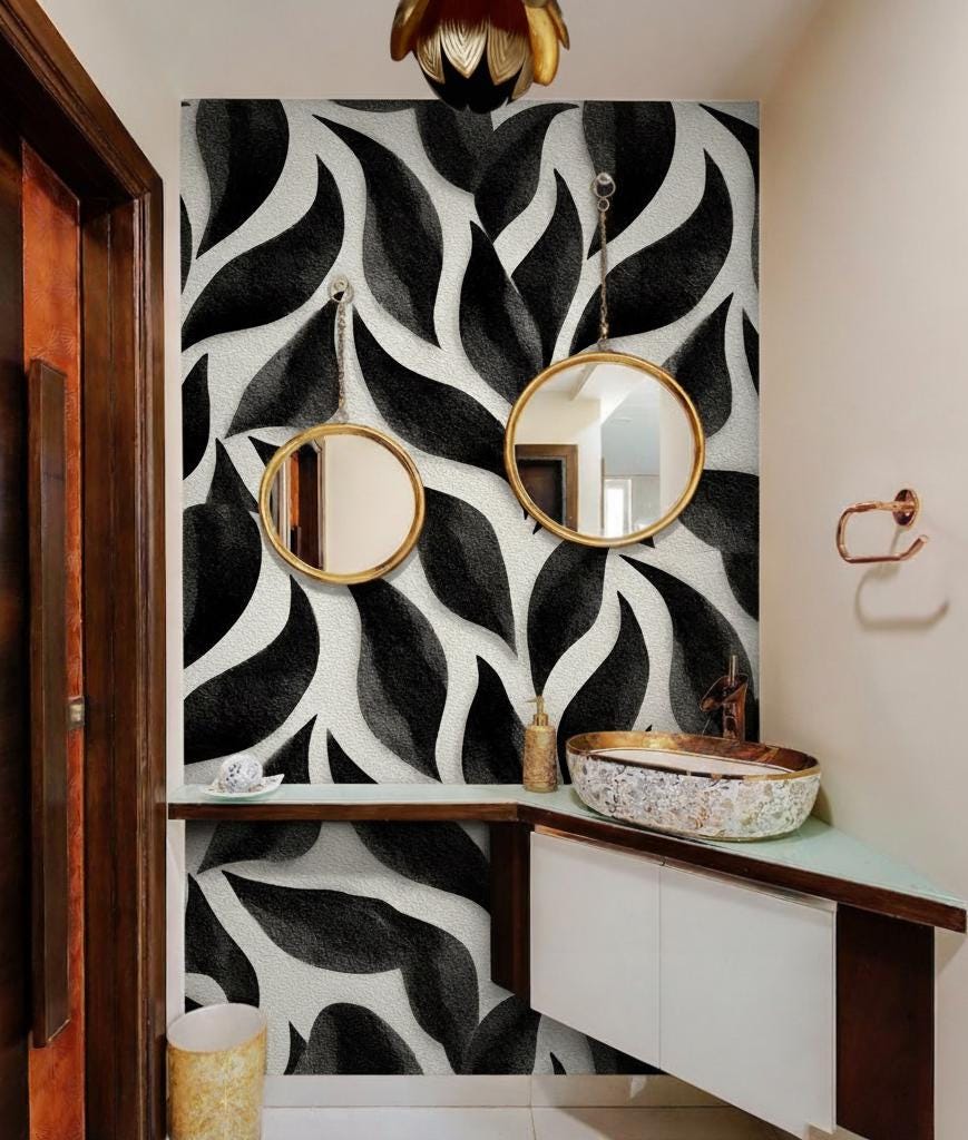 Black and White Abstract Peel and Stick Wallpaper | Modern Leaf Pattern ...