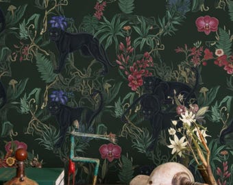Black Panther Wallpaper | Dark Tropical Jungle Mural | Luxe Peel and Stick | Moody Decor