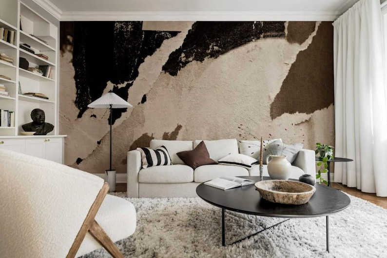 Abstract Black and Beige Wallpaper: Modern Peel and Stick Wall Covering
